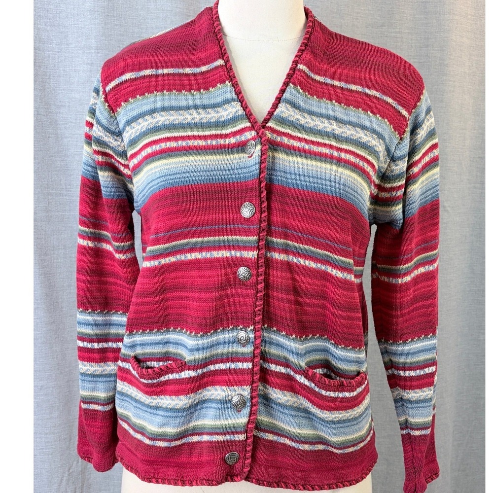 Vintage 90s Talbots Red Striped Cotton Cardigan Petite Small Hong Kong